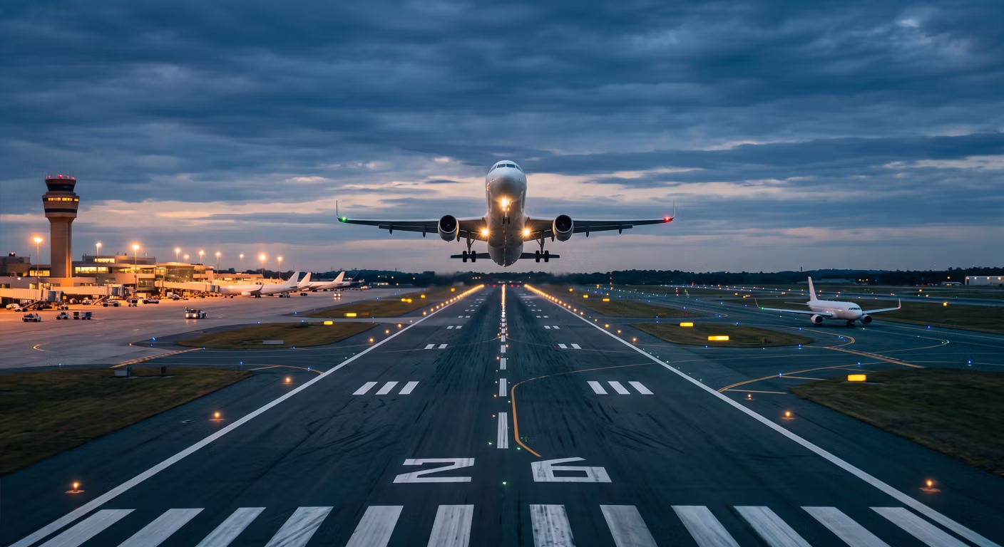 Airliner rotating off runway 26 at dusk, control tower and terminal visible in the background.
