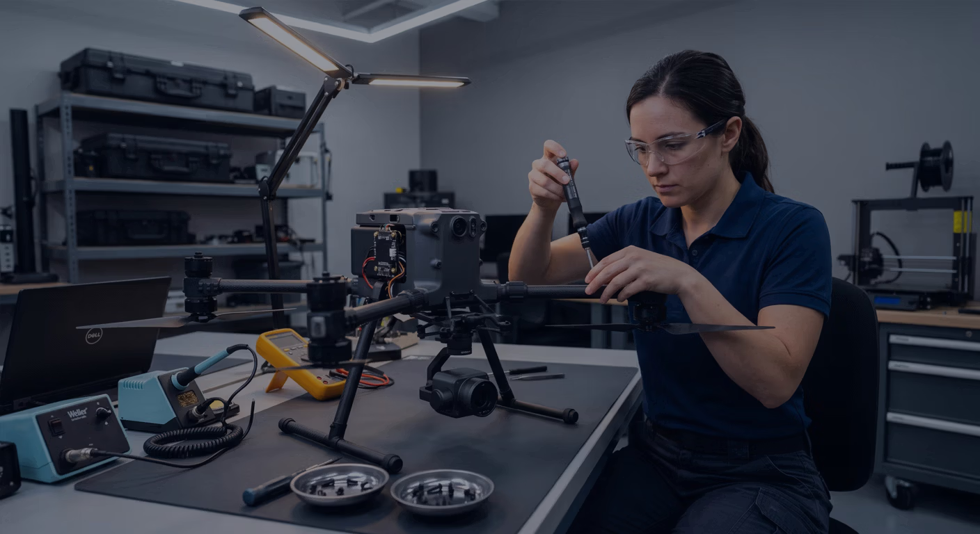 UAS technician integrating a gimbal-mounted camera payload on a quadcopter at a workbench.